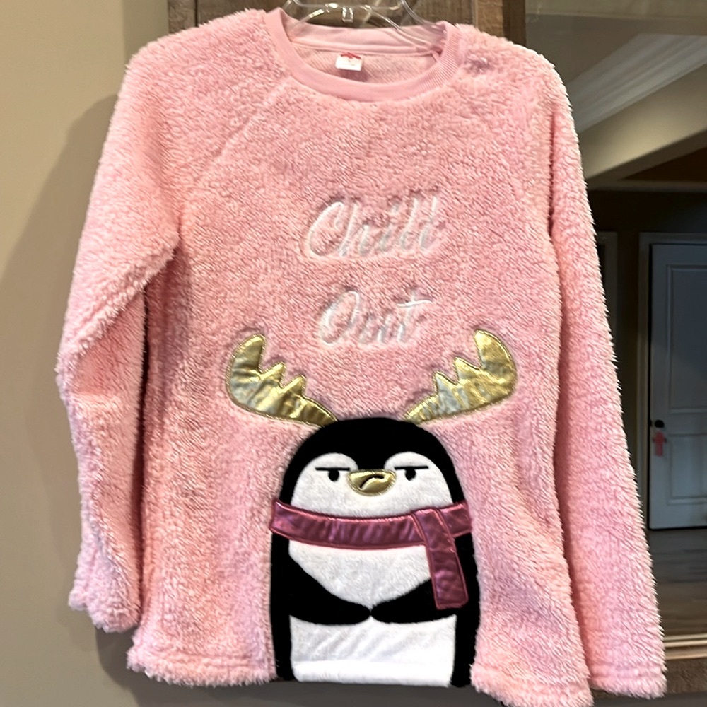 Plush Fluffy Pink Fleece Top Chill Out Cozy Women S M 3X Christmas Penguin